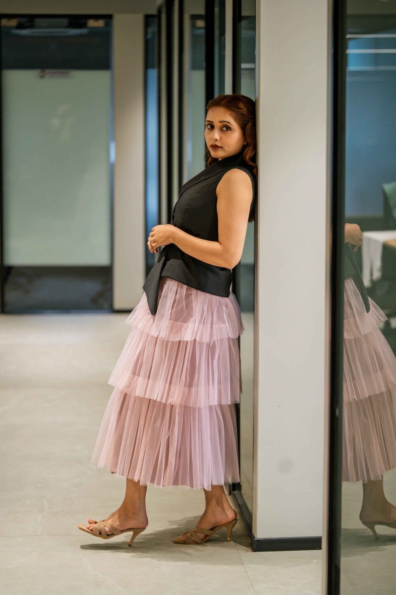 Salmon Pink Layer skirt & Black WaistCoat – A Chic Contrast